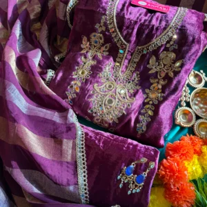 Hand work mirror design pure velvet suit set